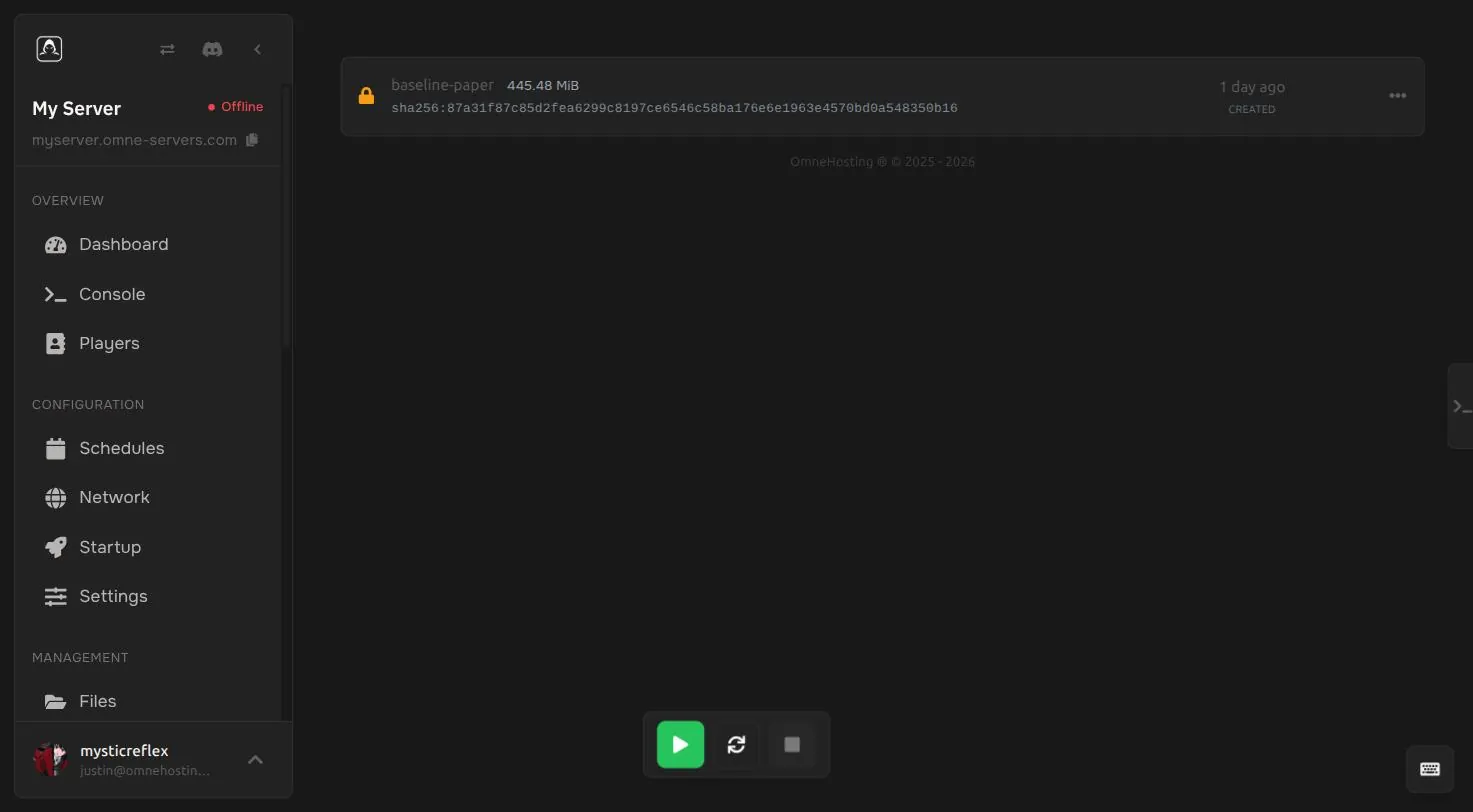 Backup list in the OmneHosting control panel