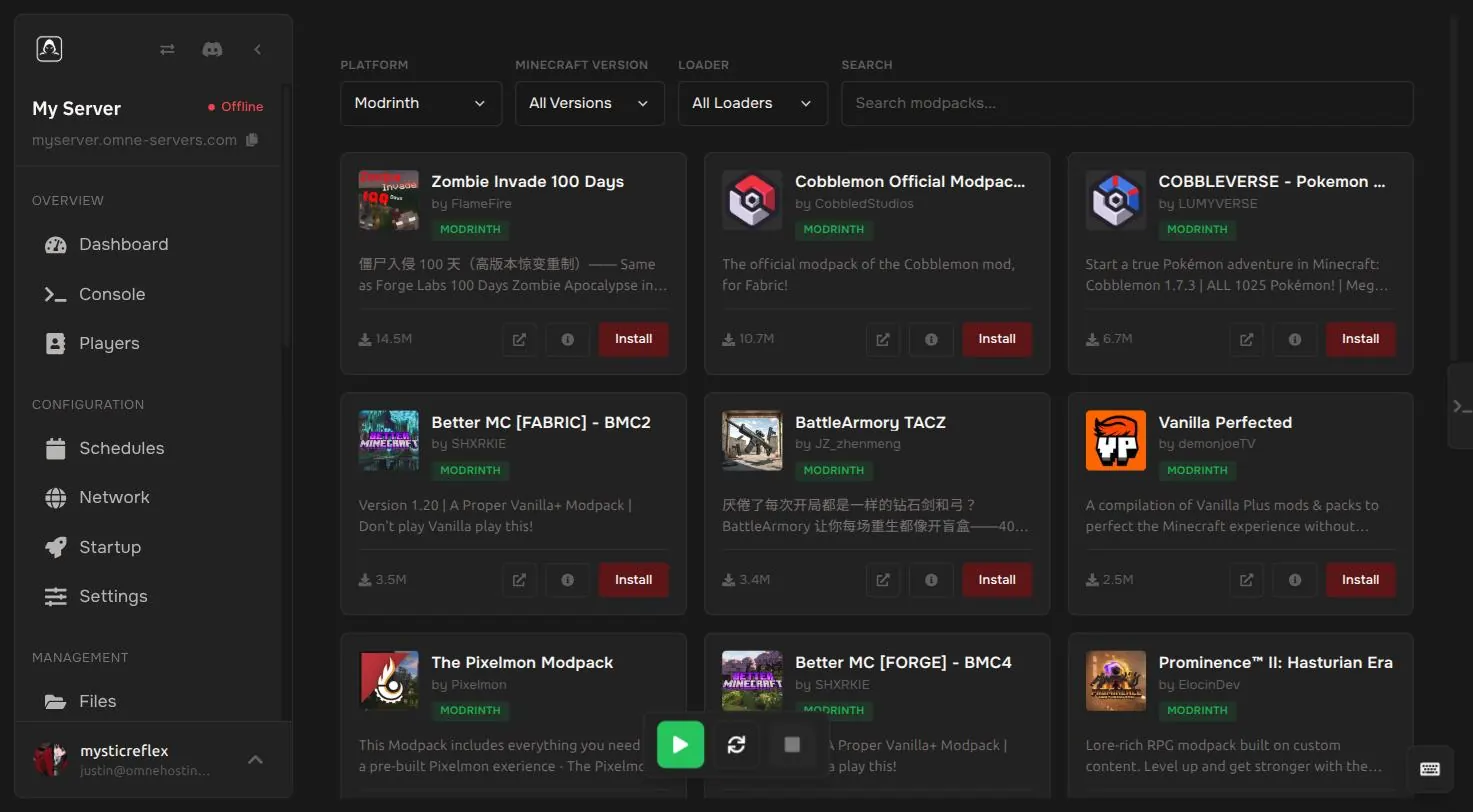 Modpack browser in the OmneHosting control panel