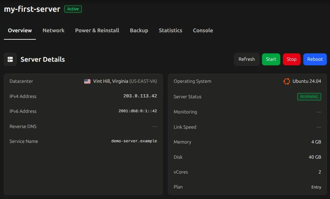 VPS overview in the OmneHosting dashboard