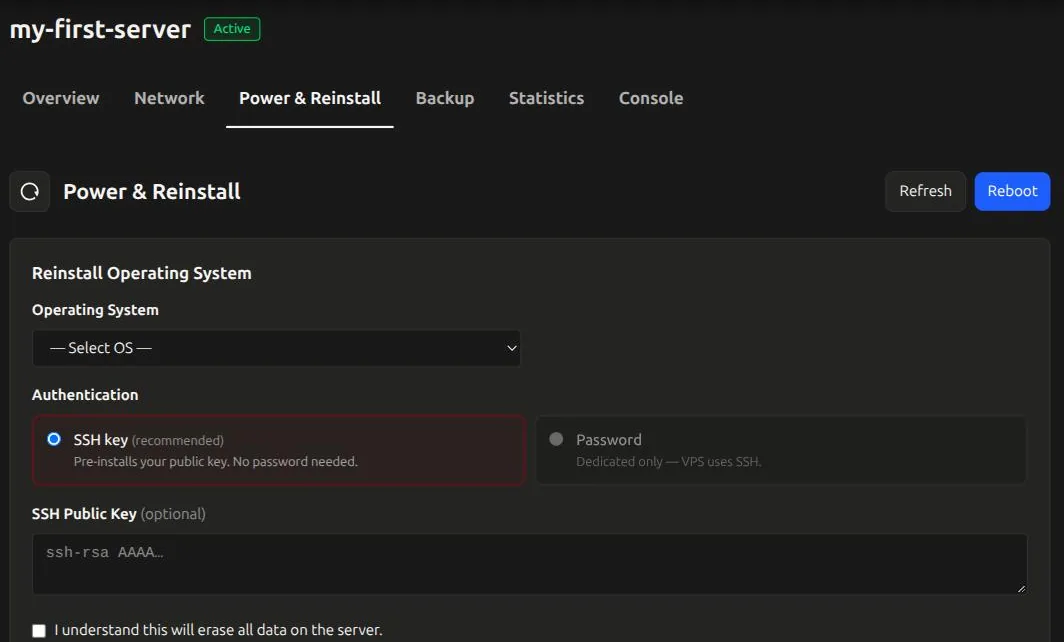 Power and reinstall page